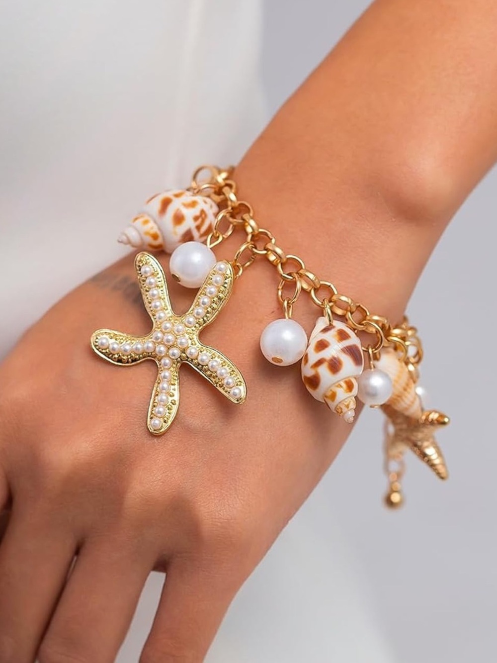 Anthropologie Gold-Tone Starfish & Shell Charm Bracelet with Pearls